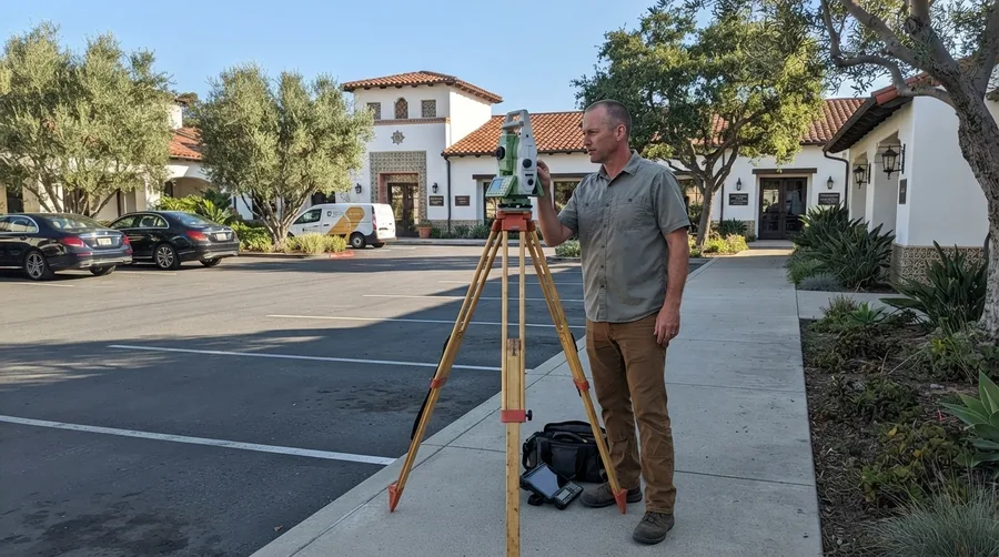Surveyor sighting through a total station on a tripod on the sidewalk of a commercial parking lot, with a field tablet and gear bag at the tripod's feet and Spanish-style office buildings behind