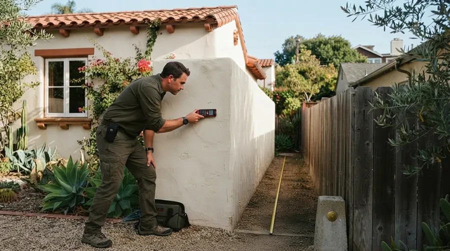 Surveyor holding a laser distance meter against a stucco wall beside a narrow side yard, with a tape laid along the setback toward a brass-capped property monument at the fence line