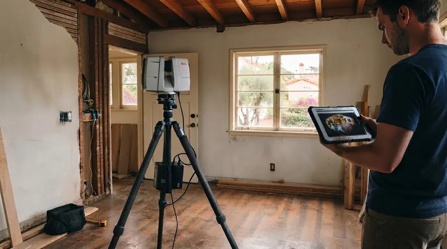 Terrestrial laser scanner on a tripod capturing a gutted room mid-renovation, while a surveyor reviews the resulting point cloud of the space on a field tablet
