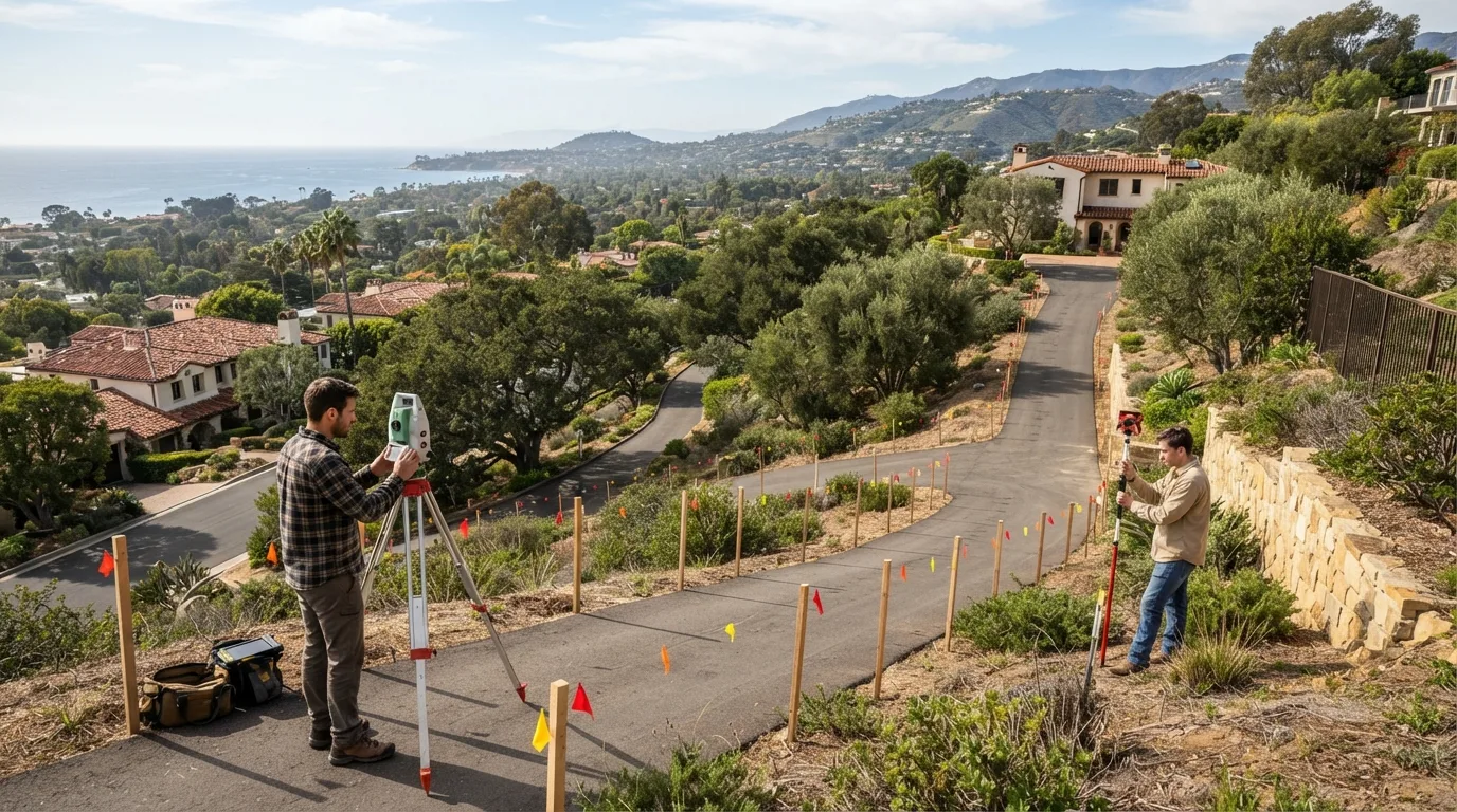 Survey crew staking a winding hillside driveway easement with flagged lath, one surveyor at a total station and another holding a prism pole, with homes below and the coastline and foothills beyond