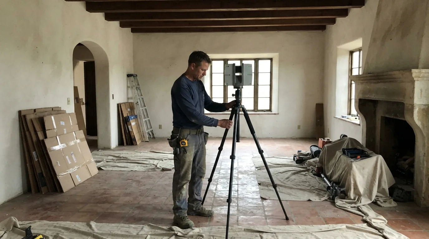 Surveyor setting up a 3D laser scanner on a tripod in an emptied older living room with dark wood ceiling beams, a terracotta tile floor, drop cloths and a large stone fireplace