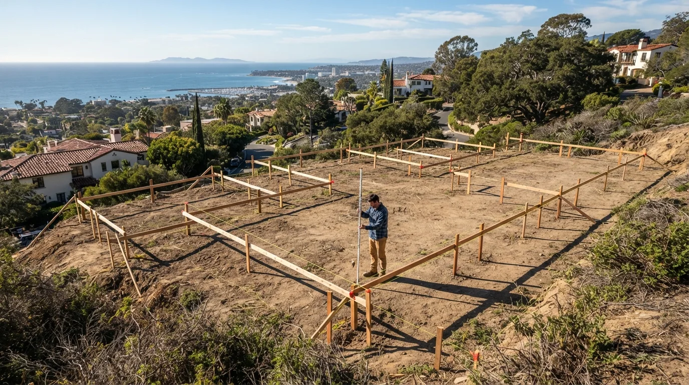Surveyor holding a grade rod inside a building footprint laid out with batter boards and string lines on a cleared hillside lot, with homes and oaks around it and the coastline beyond