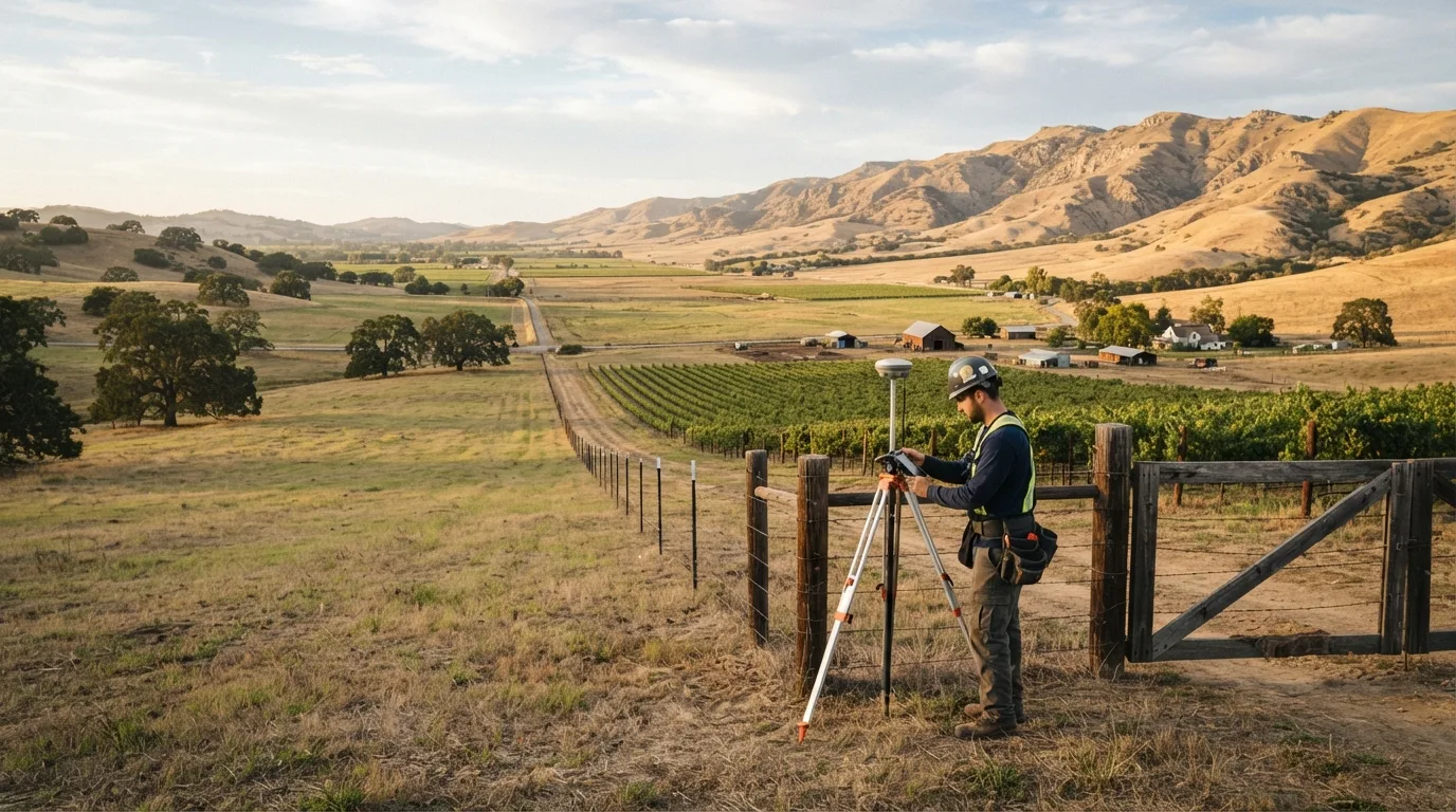 Surveyor at a tripod-mounted GNSS receiver on the fence line of a large valley parcel, beside a weathered wooden ranch gate, with oak grassland, vineyard rows and ranch buildings running back to dry hills