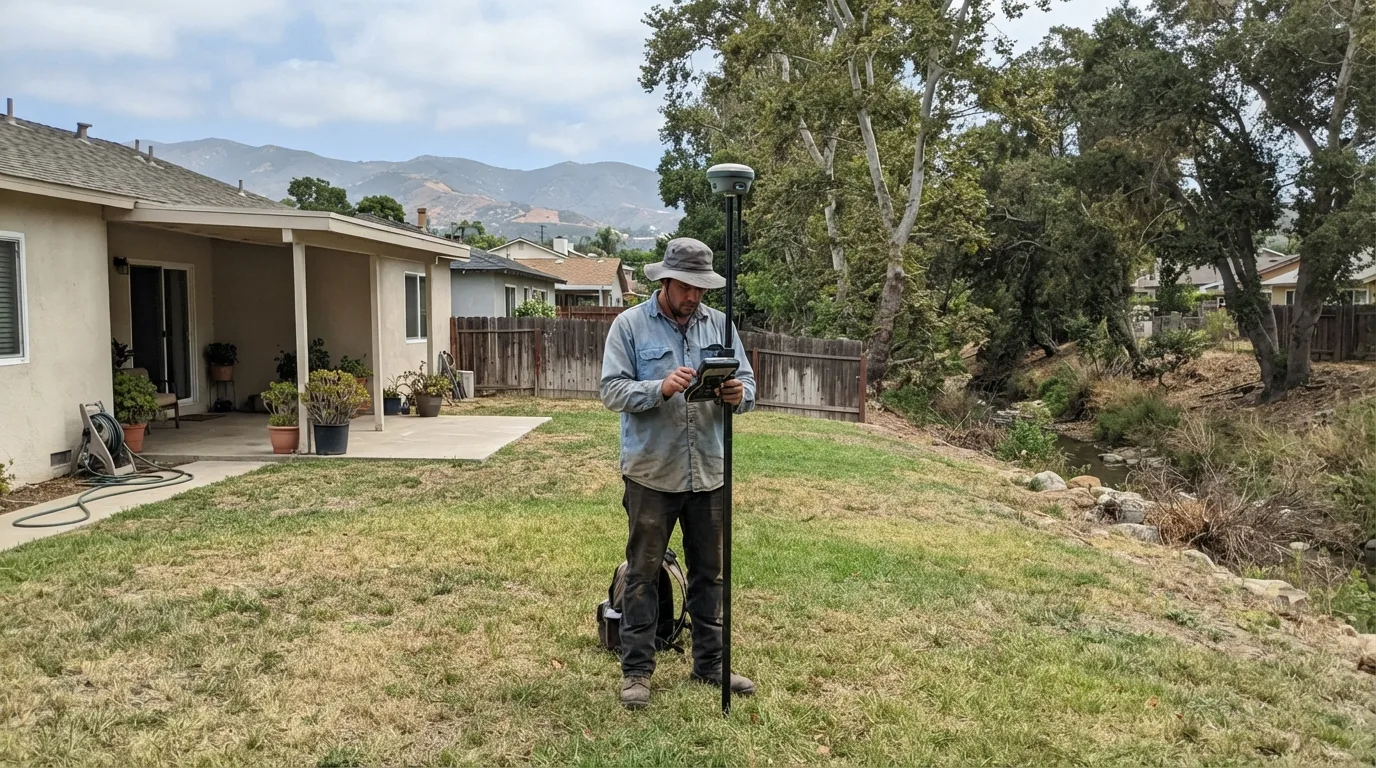 Surveyor with a GNSS rover pole checking a data collector on the back lawn of a single-storey house beside a sycamore-lined creek, with foothills behind