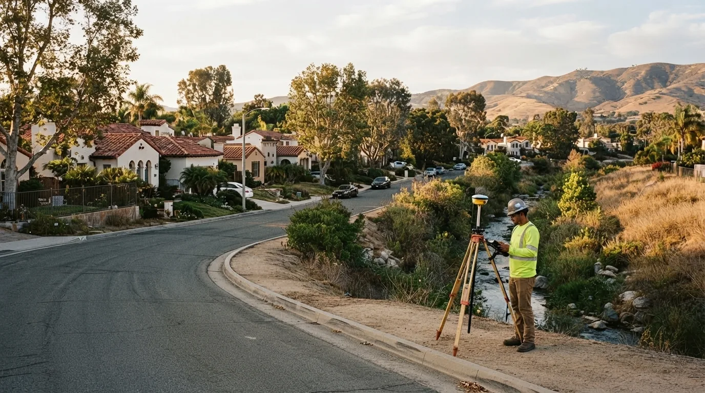 Surveyor working at a tripod-mounted GNSS receiver on the shoulder of a residential street, beside a rocky creek channel below tile-roofed homes, with dry foothills behind