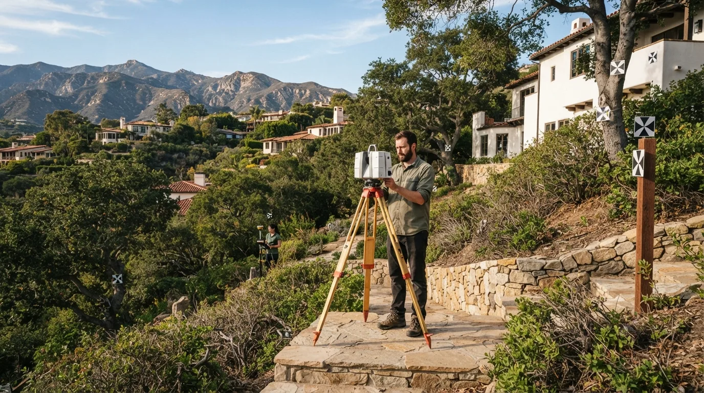 Surveyor setting up a laser scanner on a tripod on flagstone steps beside a stone wall, with checkerboard scan targets on a post and a nearby house, and a second crew member holding a GNSS pole farther down the wooded hillside
