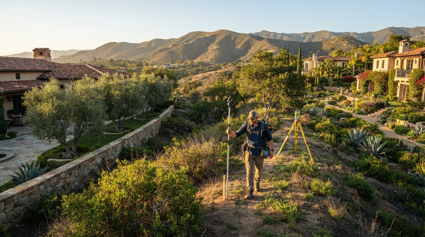 Surveyor carrying a range pole along a brushy hillside path between estate homes, with a total station set up on its tripod behind him and mountains beyond