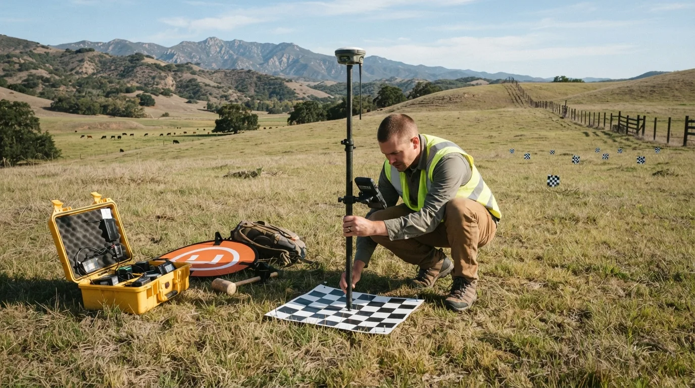 Surveyor crouched over a black-and-white checkered aerial target pinned to ranch pasture, holding a GNSS rover pole upright on its centre to measure the point, with more targets running away across the field toward a fence line and the mountains beyond