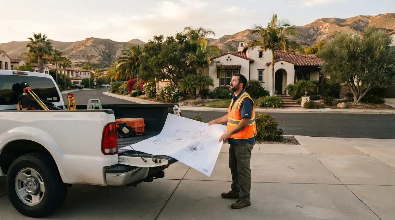 Surveyor in a residential driveway holding a large site plan unrolled across the open tailgate of a work truck, looking up at a tile-roofed stucco house on a palm-lined street below dry foothills