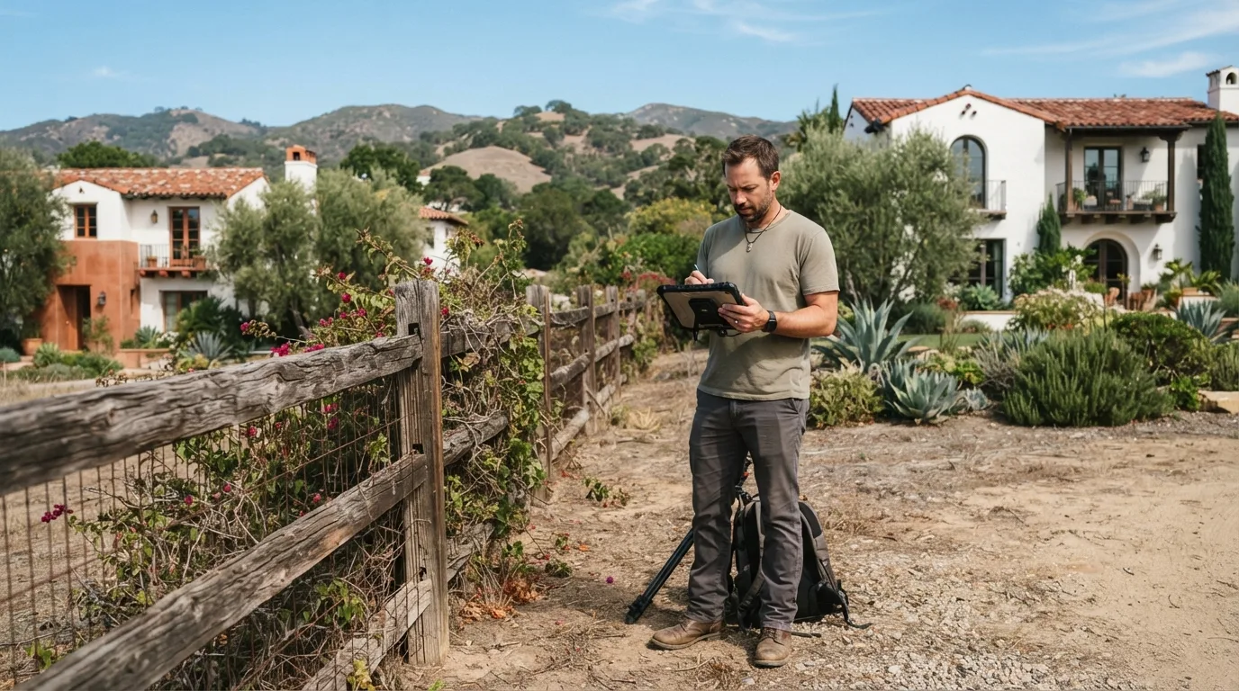 Surveyor recording notes on a field tablet beside a weathered split-rail fence line, with Spanish-style homes and chaparral-covered hills behind him
