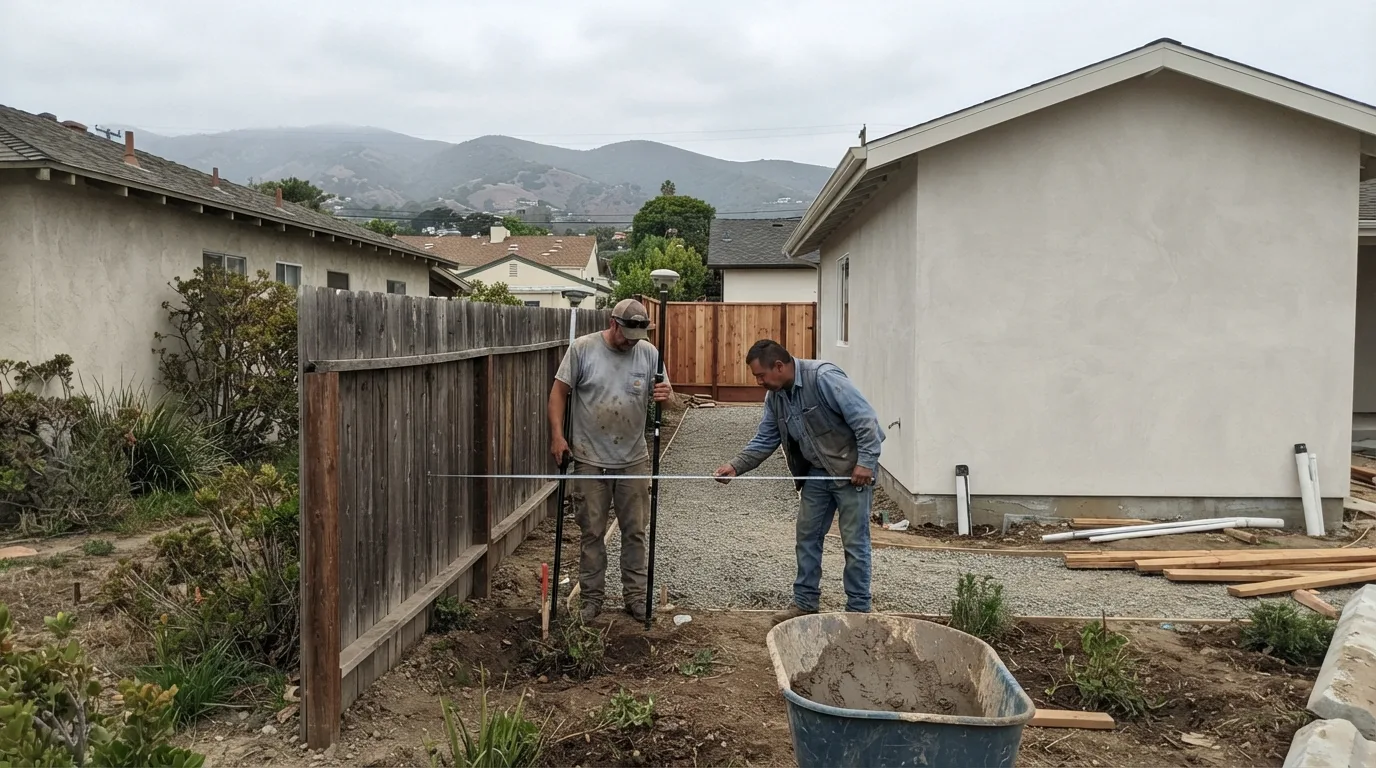 Two surveyors measuring the setback between a wooden fence and a newly built stucco structure, one holding a GNSS pole at the fence while the other stretches a tape to the building, with foothills behind