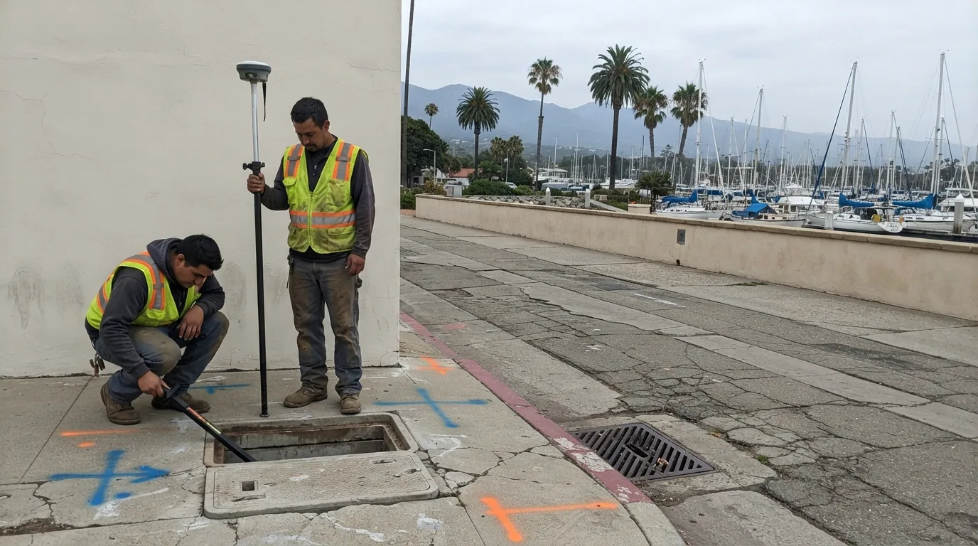 Two surveyors at an open utility vault on a sidewalk marked with blue and orange paint, one holding a GNSS pole while the other crouches beside the vault, with the harbor's sailboats and palm trees behind