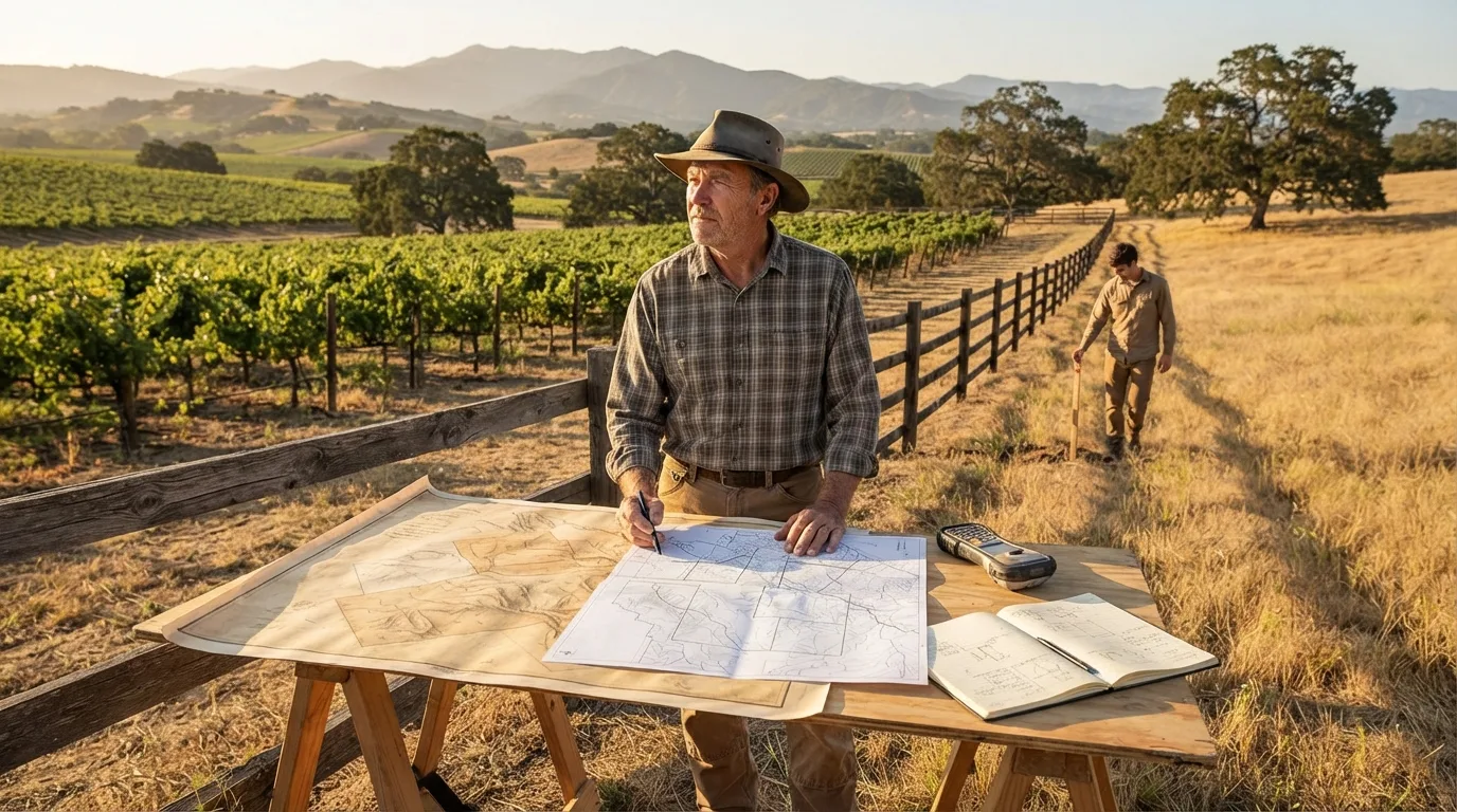 Surveyor at a field table beside a split-rail fence between a vineyard and dry grassland, marking a modern parcel map laid over an aged grant map, with a notebook and GPS handheld on the table and a second crew member walking the fence line with a stake