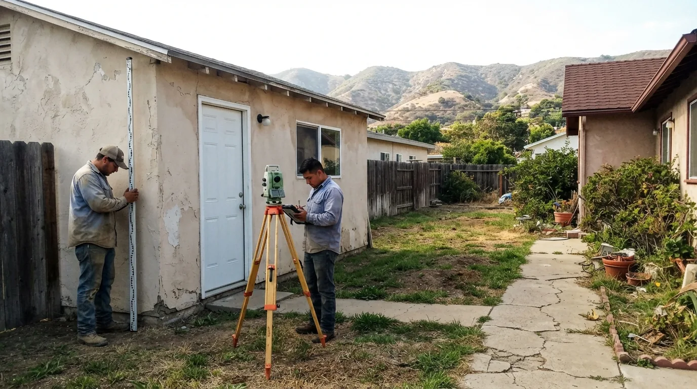Two surveyors documenting a converted garage in a backyard, one holding a leveling rod against the wall while the other enters readings beside a total station, with dry foothills behind