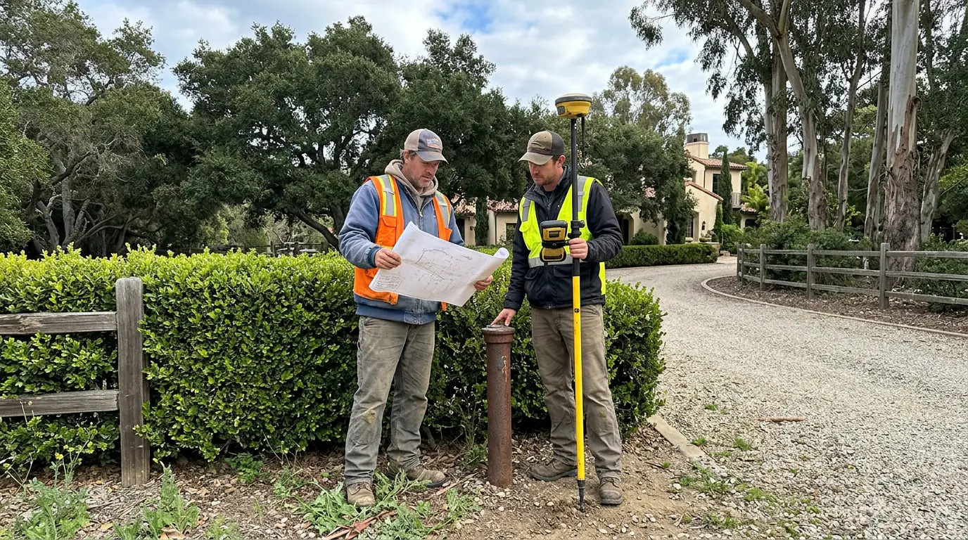 Two surveyors at an old iron-pipe monument beside a hedge, one studying a recorded plat while the other holds a GNSS rover pole, with a gravel drive, oaks and a large house behind