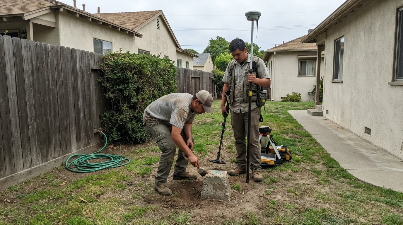 Two surveyors recovering an old brass disk monument set in concrete in a side yard, one brushing dirt off the disk while the other holds a GNSS pole and a metal detector