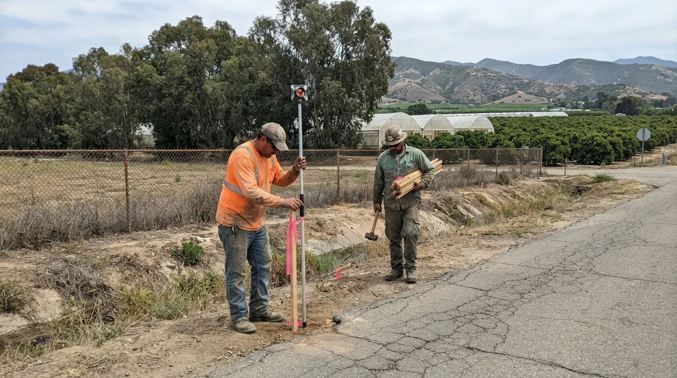 Two surveyors staking a right-of-way line along a cracked frontage road, one holding a prism pole on a flagged lath stake while the other carries a bundle of stakes, with greenhouses, orchards and foothills behind