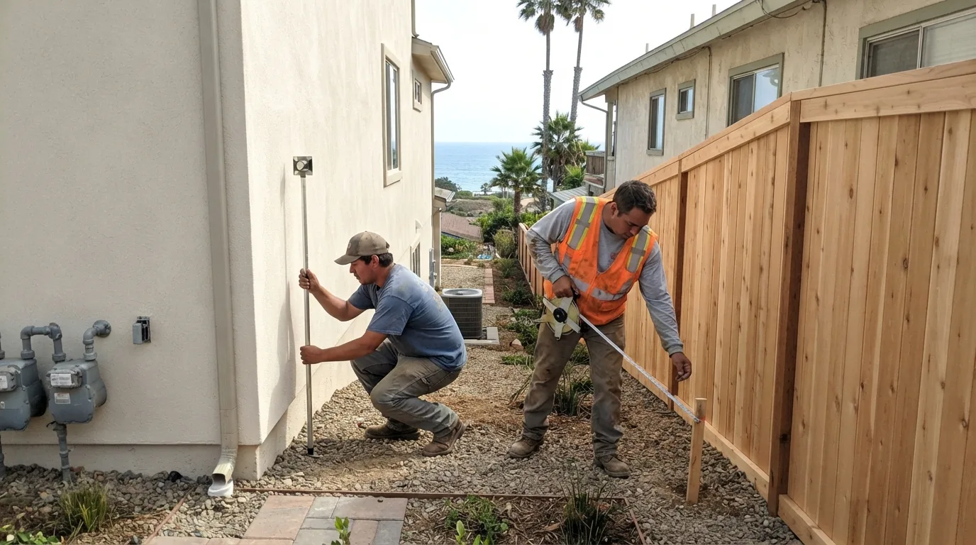Two surveyors checking the side setback of a new house, one holding a prism pole against the stucco wall while the other pulls a tape to a stake by a new wooden fence, with palm trees and the ocean beyond